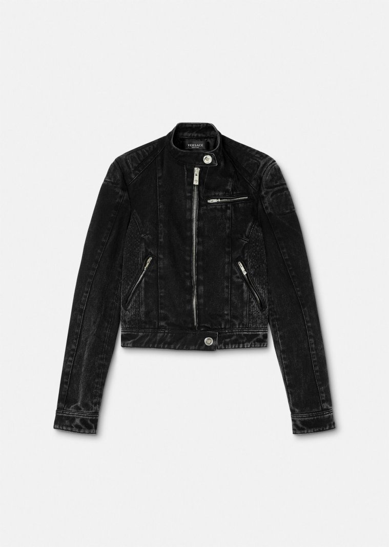 Women VERSACE Denim | Medusa Denim Biker Jacket Black